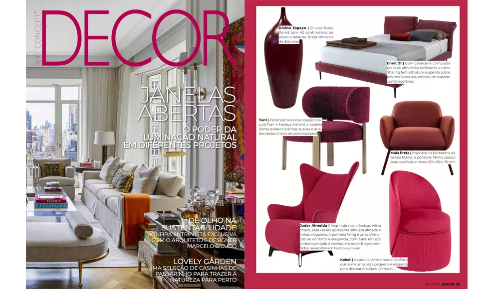 Decor Magazine Brazil spread: January 2023 cover, plus a page featuring the Venice Chair, a small, modern chair with a ribbed texture.