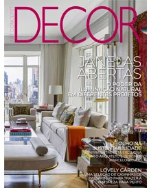 Decor Magazine Brazil cover, January 2023, featuring a bright living room with a long sofa and large windows.