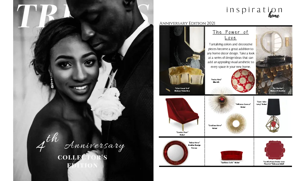Trends Wedding Lifestyle press clipping: a couple on the cover and an interior design spread with Koket pieces.