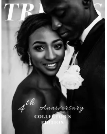 Trends Wedding Lifestyle press clipping cover: a black and white photo of a smiling bride and groom.