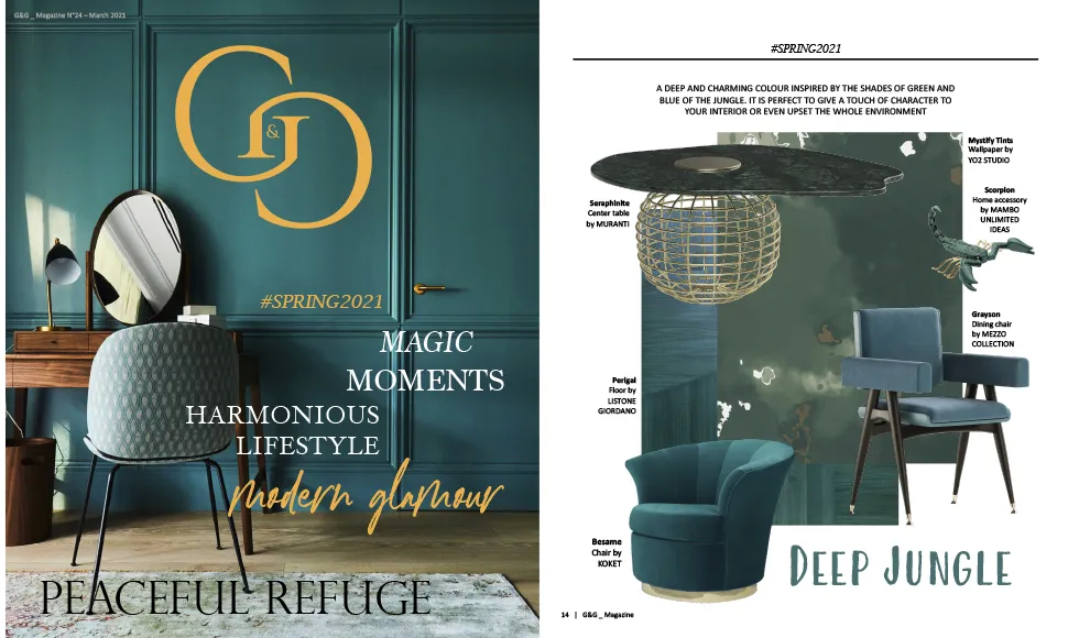 G&G press clipping with interior design ideas, including a teal Besame Chair by Koket and other furnishings.