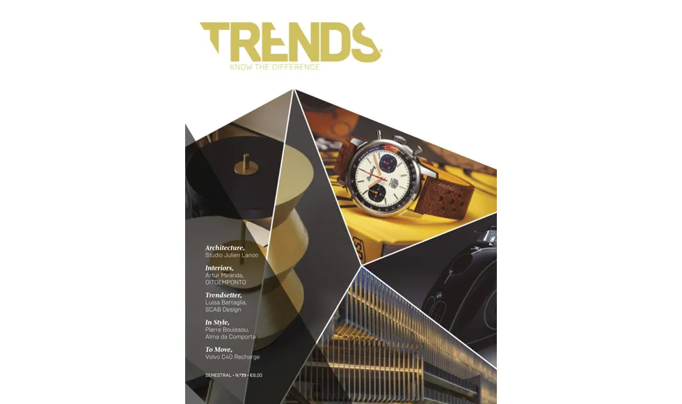 Trends press clipping cover with a watch, architectural elements, and abstract shapes in gold and black.