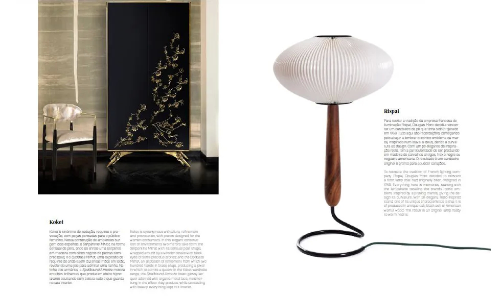 Trends press clipping featuring Koket's Spellbound Lacquer Armoire and a modern white table lamp.