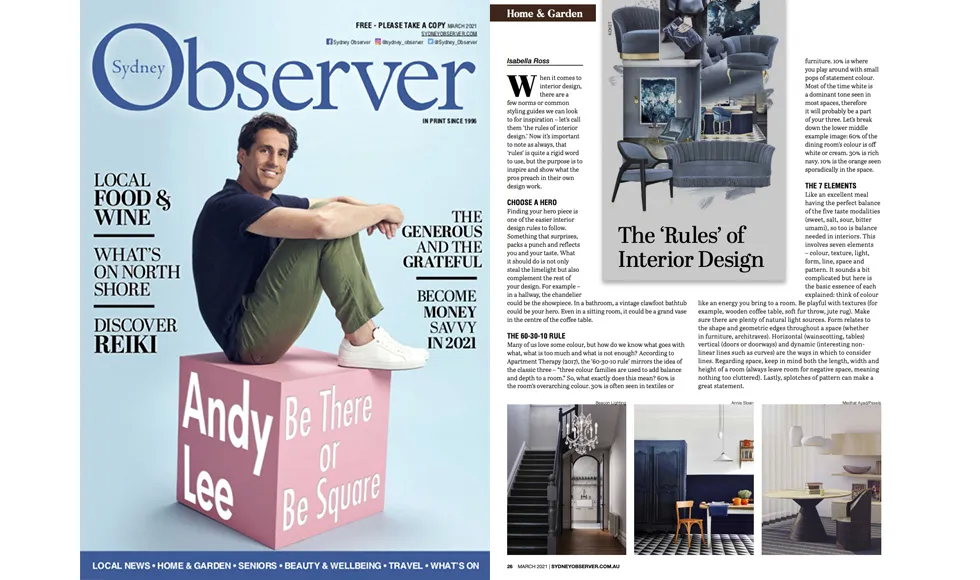 Sydney Observer press clipping featuring Andy Lee and an article on interior design, including Koket's Geisha Chair.
