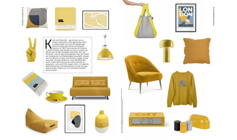 Exklusive Wohnwelten press clipping showcasing yellow home decor items, including an Aberdeen Chair.
