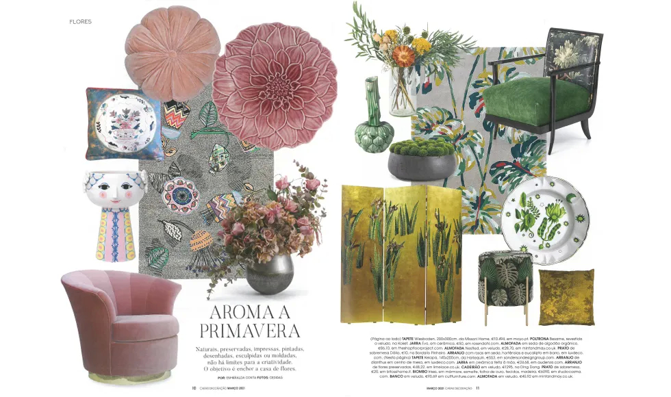 Caras Decoração press clipping with home decor inspiration, featuring Koket's Besame Chair and floral accents.