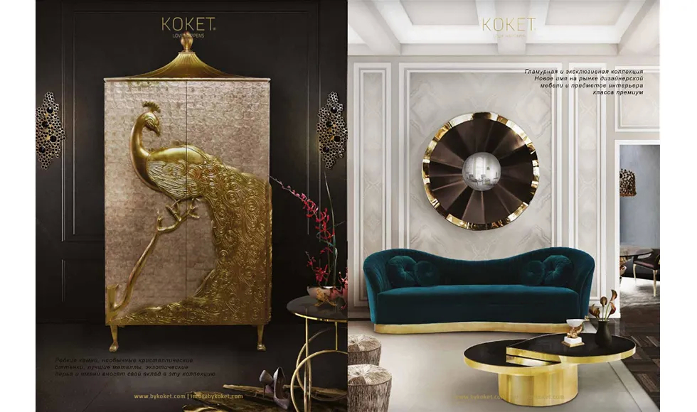 Dom & Podium press clipping featuring Koket products: a Camilia Armoire and a living room with a teal sofa.