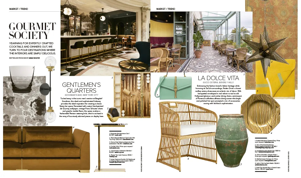 Luxe Magazine press clipping featuring "Gourmet Society" and "La Dolce Vita" articles with bar and patio interiors.
