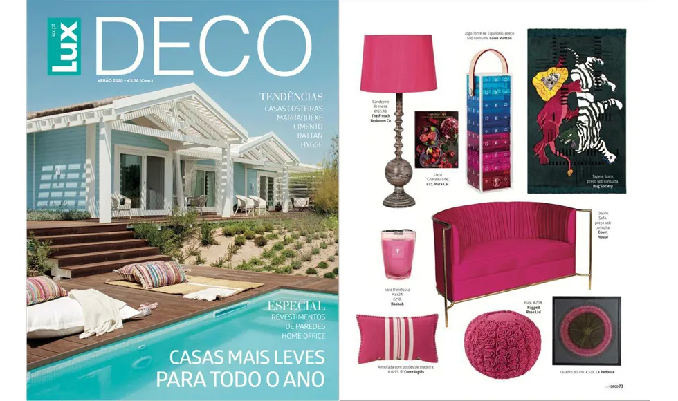 Lux Deco press clipping with a house cover and a page featuring the fuchsia Koket Desire Sofa and decor.