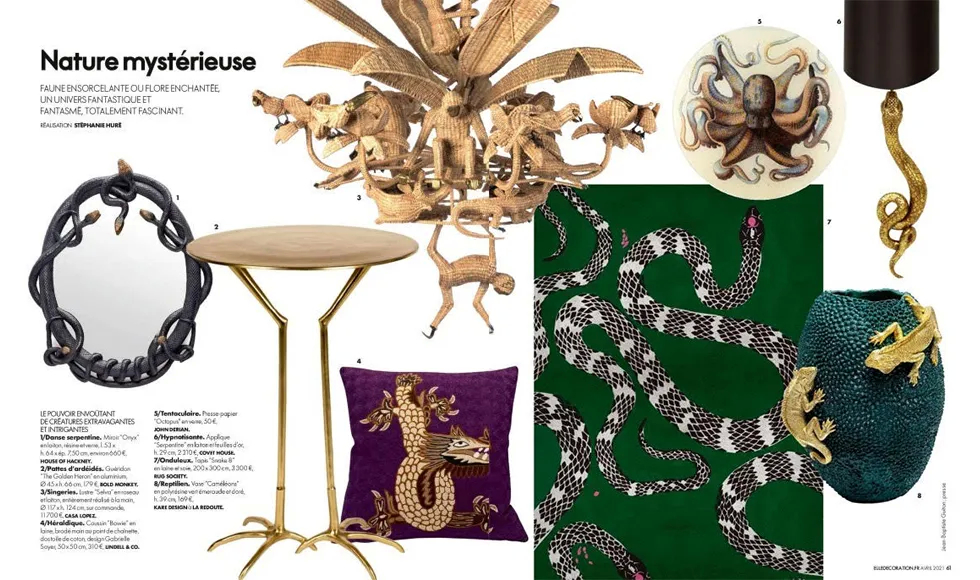 Press clipping: Elle Decoration featuring Koket's Serpentine Sconce and other nature-inspired decor.