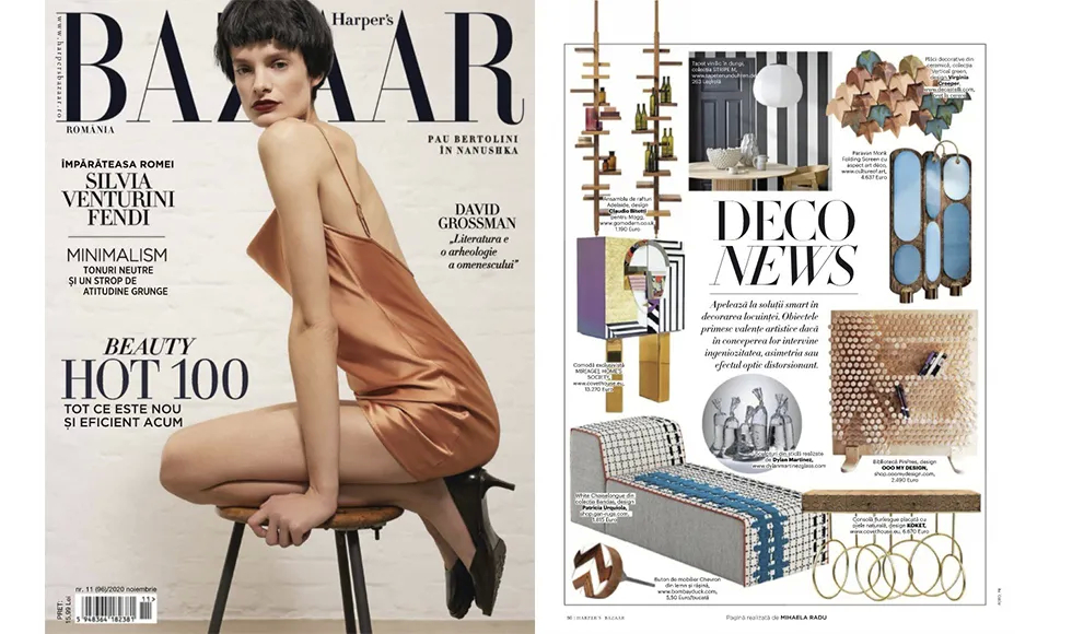 Harper's Bazaar press clipping featuring a model on the cover and Deco News including Koket's Burlesque Console.
