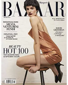 Harper's Bazaar Romania, February 2020 cover, featuring a model in a slip dress on a stool.