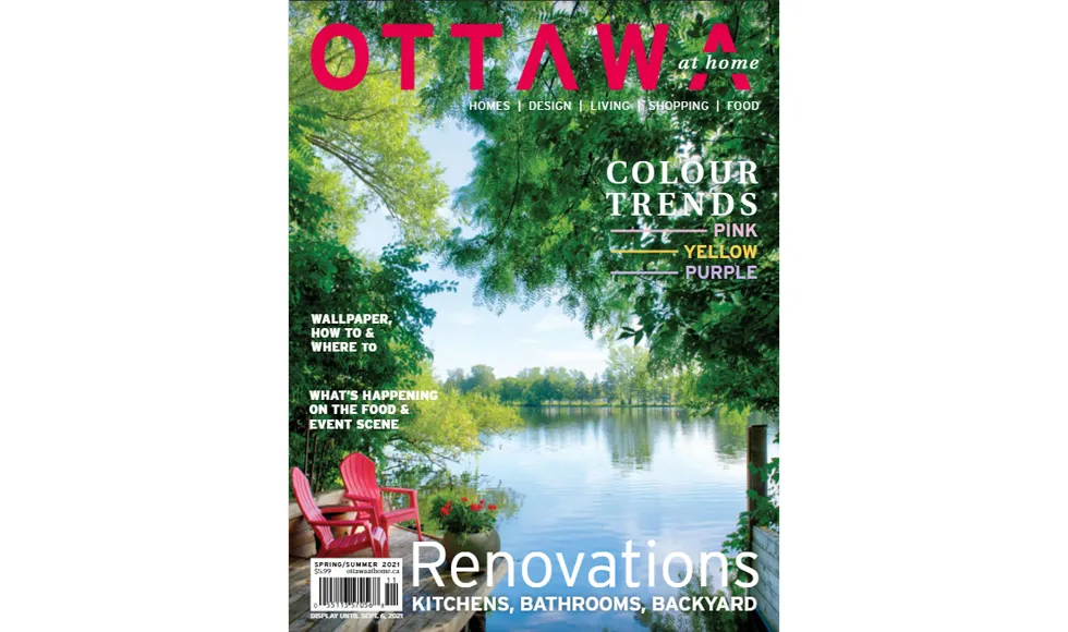 Ottawa At Home magazine cover featuring a serene lake view with red Adirondack chairs, highlighting color trends and renovations.