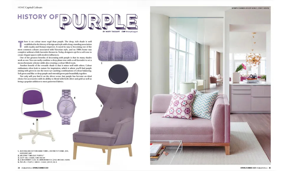 Press clipping: Ottawa At Home, featuring Koket's Nymph Chandelier in a lavender-themed room with furniture.