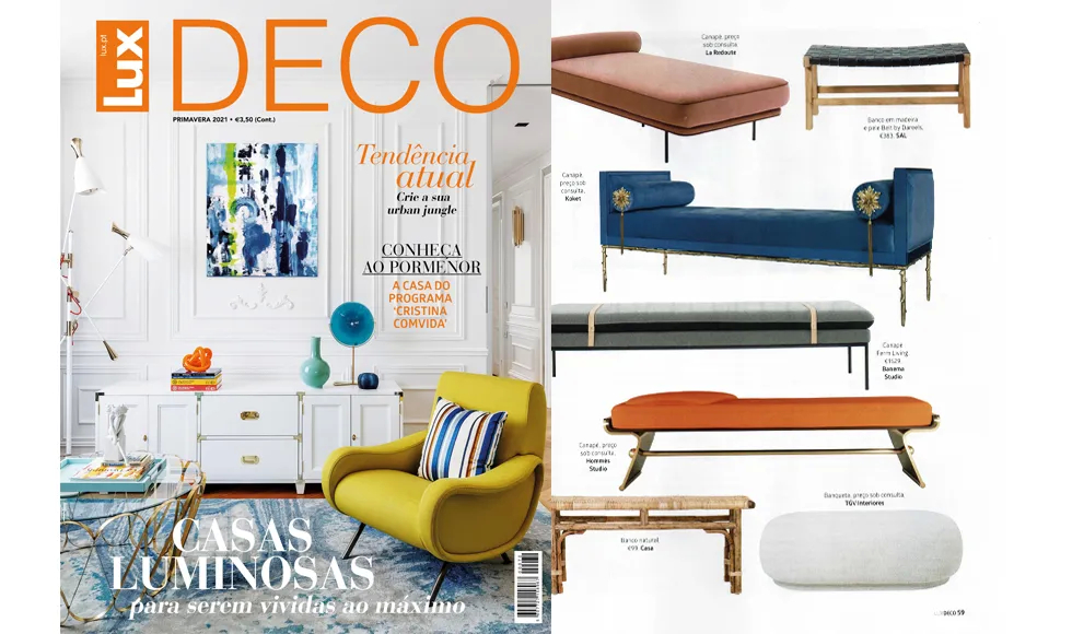 Lux Deco press clipping: a colorful living room on the left, and a spread of luxurious daybeds and benches, including Koket's Privê Daybed.