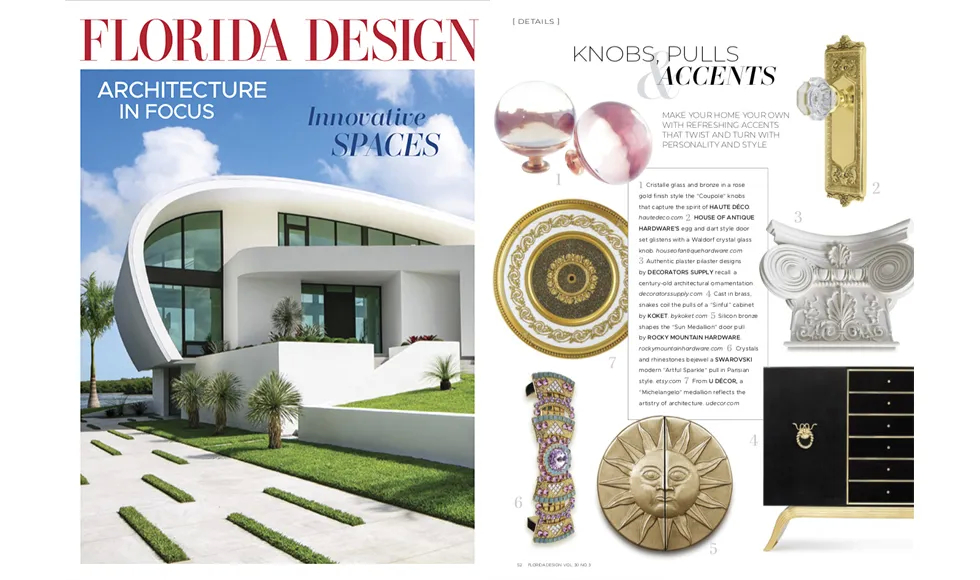 Florida Design Magazine spread: cover with modern architecture, and an interior design feature including Koket's Sinful Cabinet.