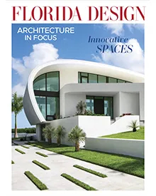 Cover of Florida Design Magazine, "Architecture in Focus" featuring a modern white building with curved lines and green landscaping.