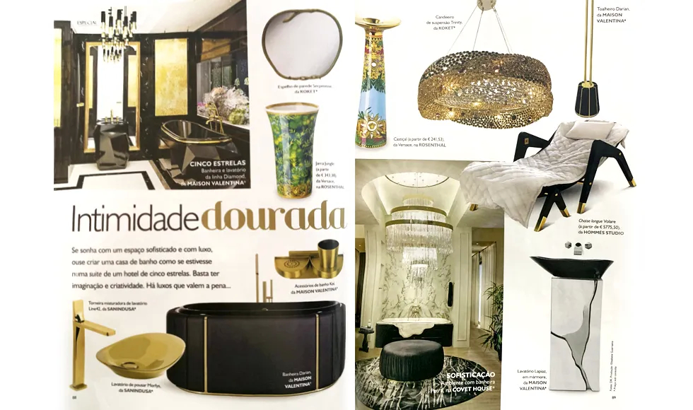 VIP Interiores press clipping featuring luxury bathroom decor, including Koket's Serpentine Mirror and Trinity Chandelier.