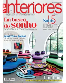 VIP Interiores magazine cover: features colorful, modern sofas and a matching rug with the headline "Em busca do sonho".