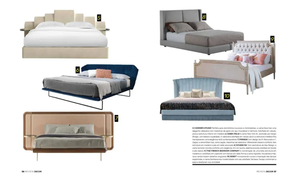 Press clipping from Revista Decor showcasing various luxury beds, including the Koket Sevilliana Bed.