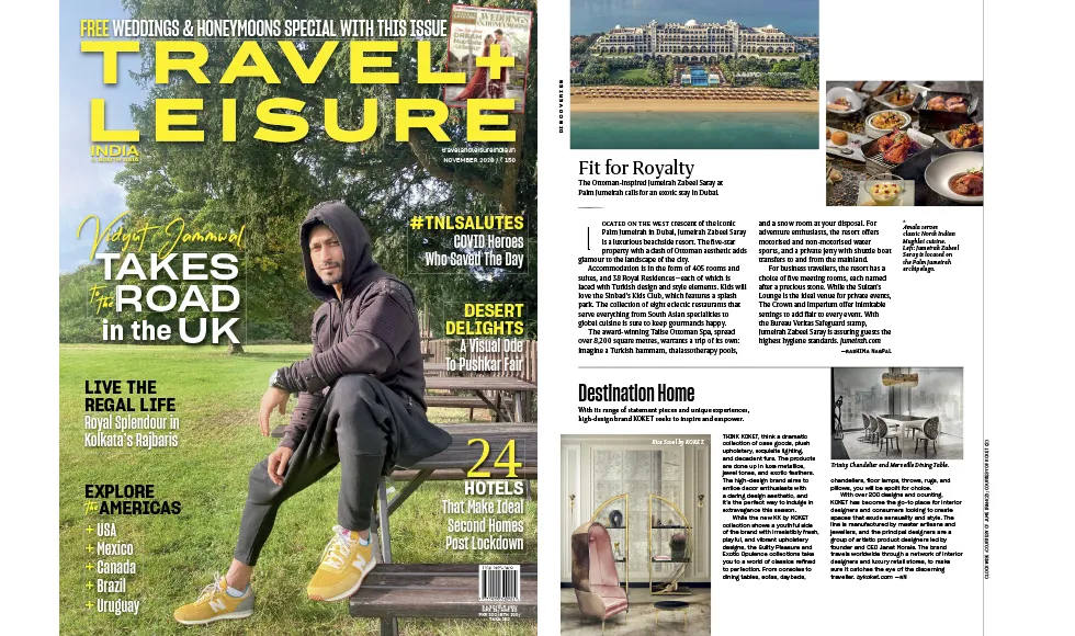 Press clipping: Travel + Leisure India magazine, featuring the cover and an article with Koket's Drapesse Chair.