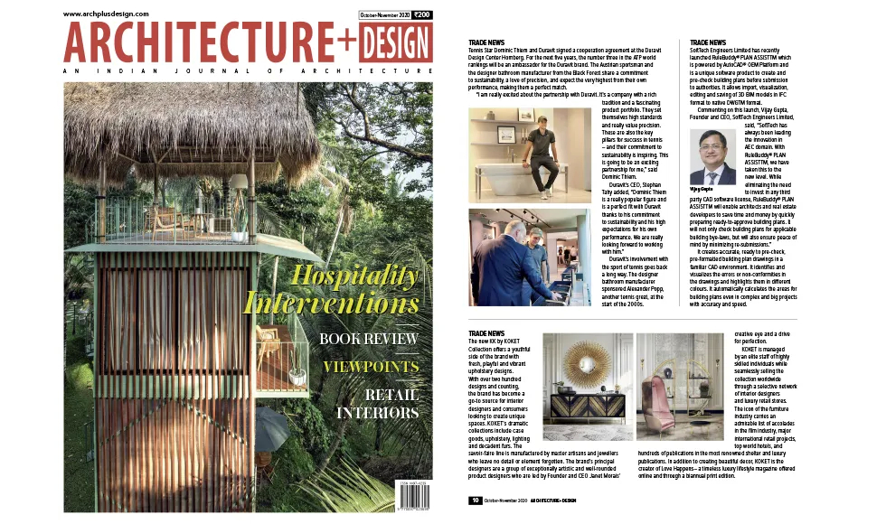 Press clipping: Architecture + Design magazine, featuring Koket's Goddess Mirror and other Koket designs.