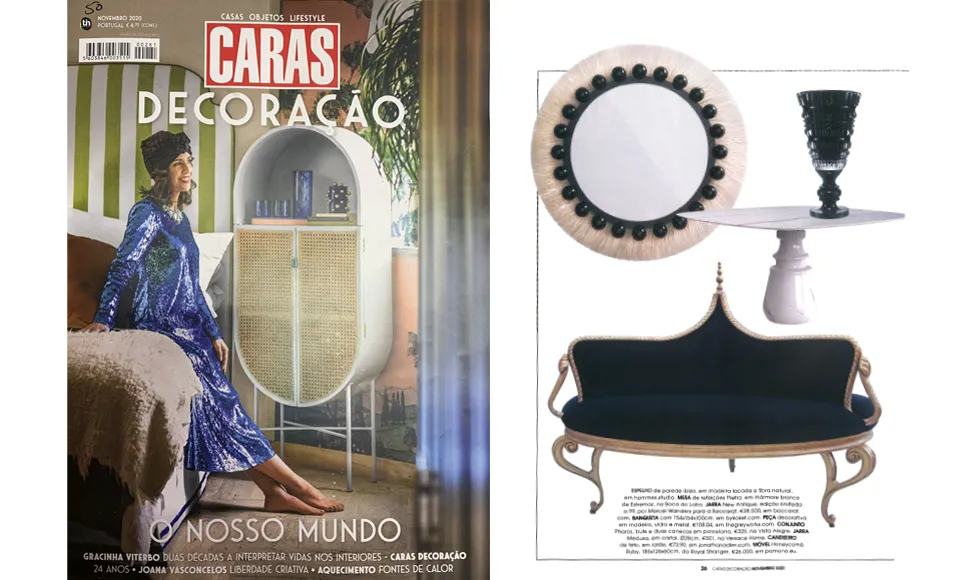 Caras Decoração clipping showcasing a mirror, a table, and Koket's Mistress Confidante velvet sofa.