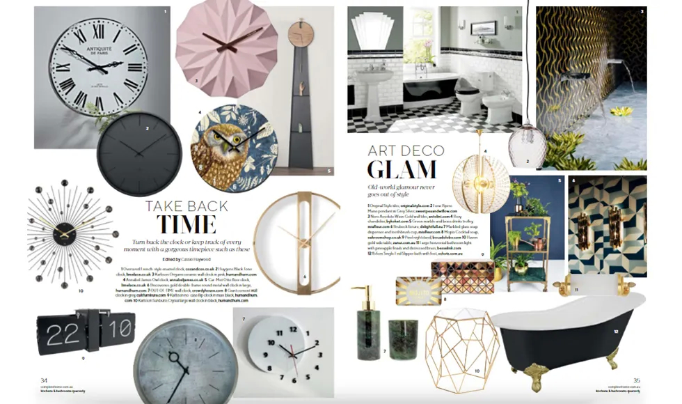 Kitchens & Bathrooms Quarterly clipping with various clocks, a bathroom, and Art Deco glam designs, including Koket's Roxy Chandelier.