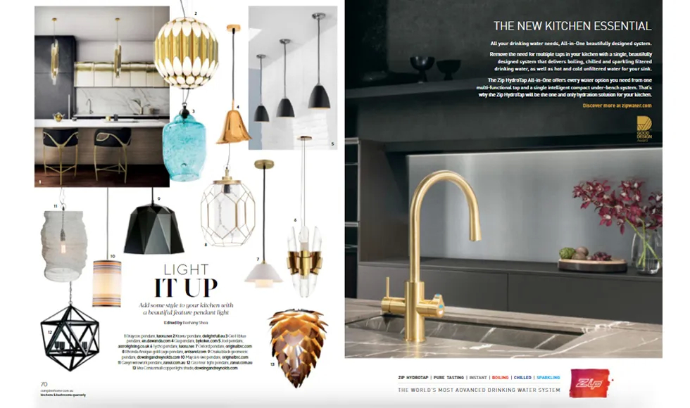 Kitchens & Bathrooms Quarterly clipping featuring various pendant lights including Koket's Gia Pendant, and a modern kitchen with a gold faucet.
