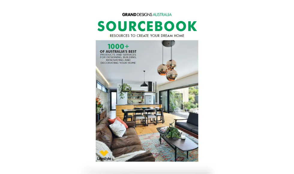 Grand Designs Australia Sourcebook cover with a modern open-plan living space.