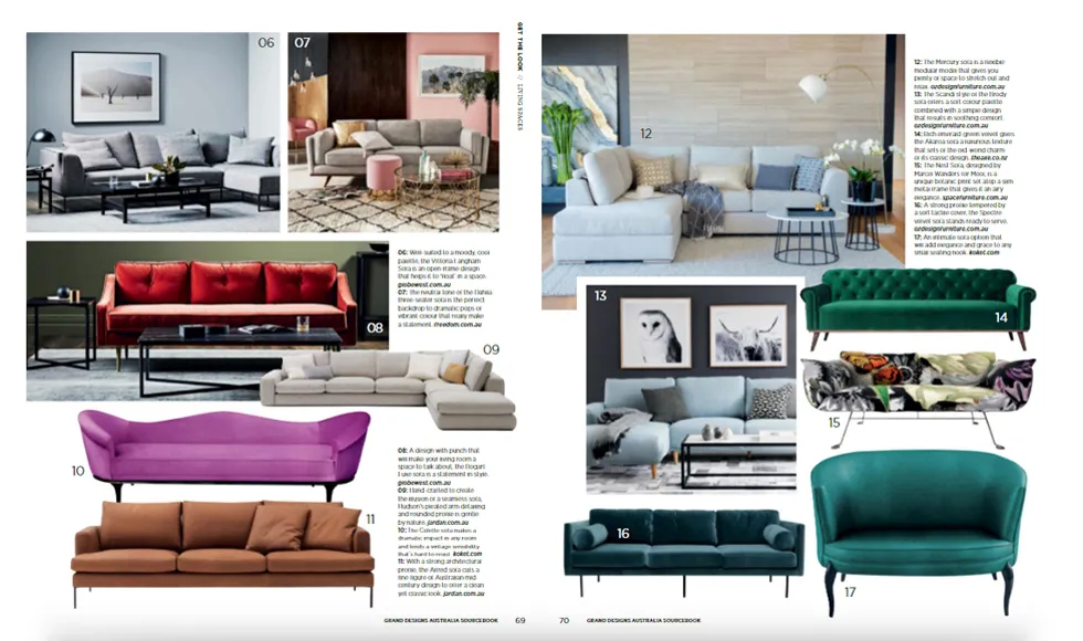 Grand Designs Australia press clipping showcasing various sofas and furniture pieces, including vibrant green and fuchsia designs.