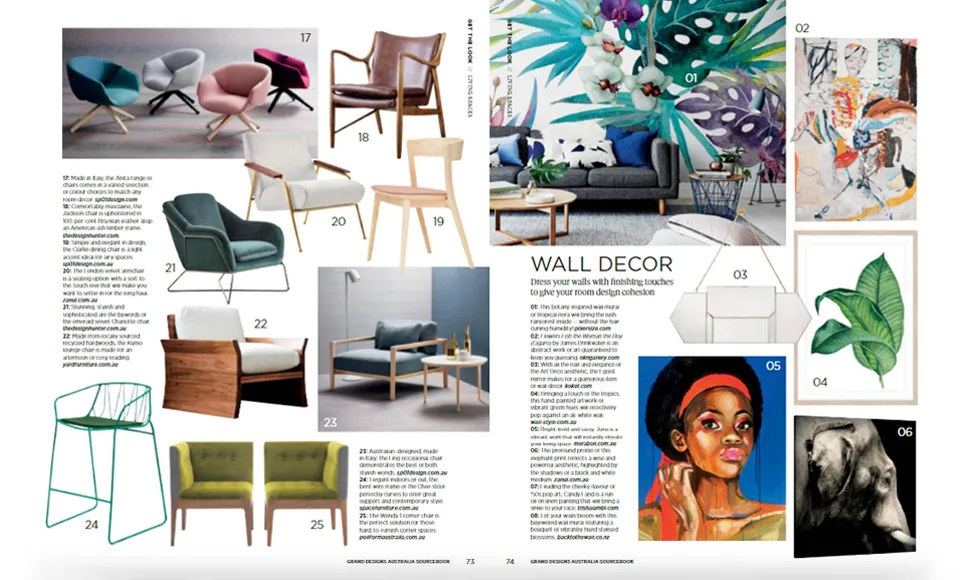 Grand Designs Australia clipping displaying various chairs, wall decor, and art pieces, including a colorful abstract painting.