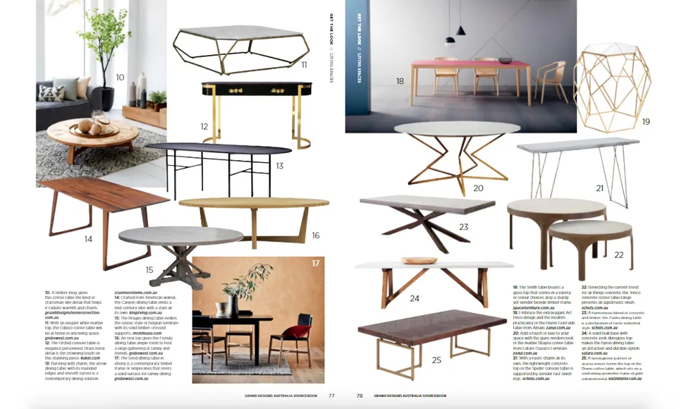 Grand Designs Australia clipping showcasing a variety of dining tables and coffee tables, with diverse shapes and materials.