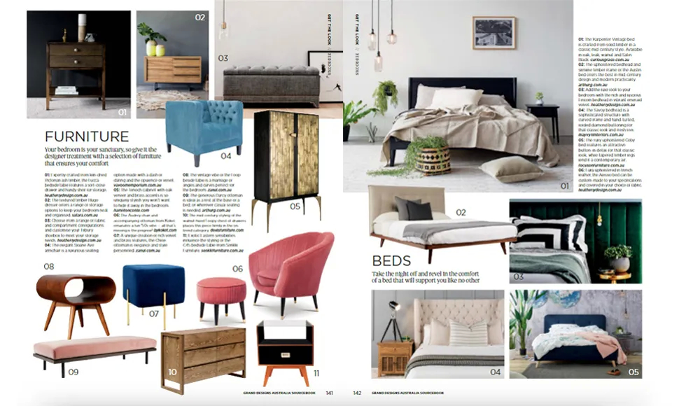 Grand Designs Australia clipping displaying various bedroom furniture, including beds, nightstands, chests, and accent chairs.