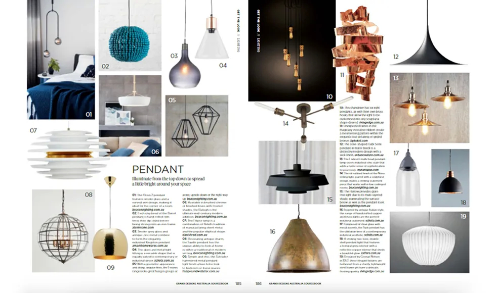 Grand Designs Australia clipping showcasing diverse pendant lights, from modern minimalist to intricate metallic designs.
