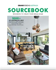 Grand Designs Australia Sourcebook cover with a modern open-plan living space.