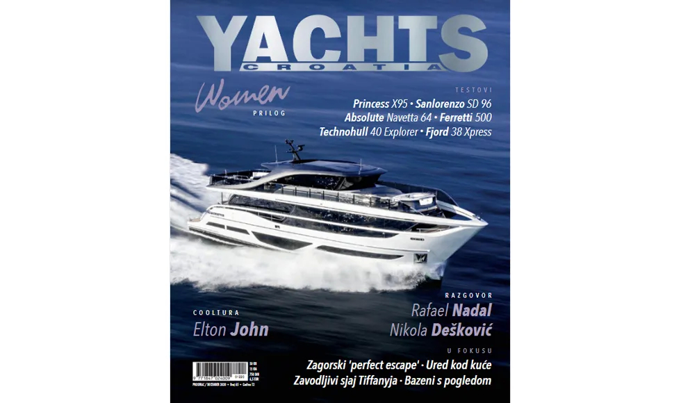 Yachts Croatia magazine cover featuring a Princess X95 yacht, with headlines on Elton John, Rafael Nadal, and Nikola Dešković.