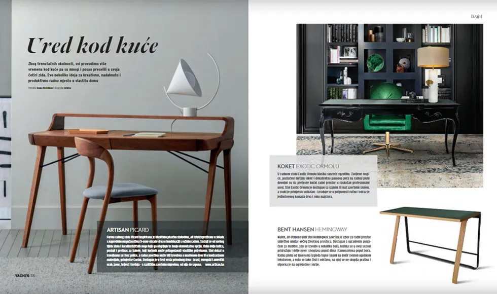 Yachts Croatia clipping showcasing Koket's Exotic Desk, Artisan Picard desk, and Bent Hansen Hemingway table designs.