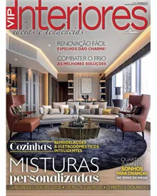 Press clipping of VIP Interiores magazine cover, featuring a modern living room and articles on home decor trends.
