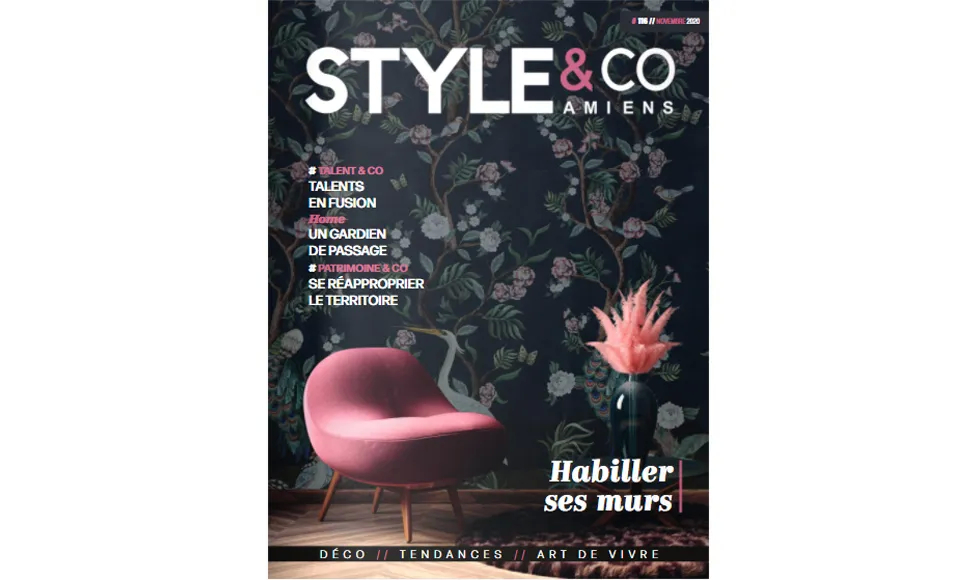 Style & CO Amiens magazine cover features a pink chair against floral wallpaper with a vase and feathers.