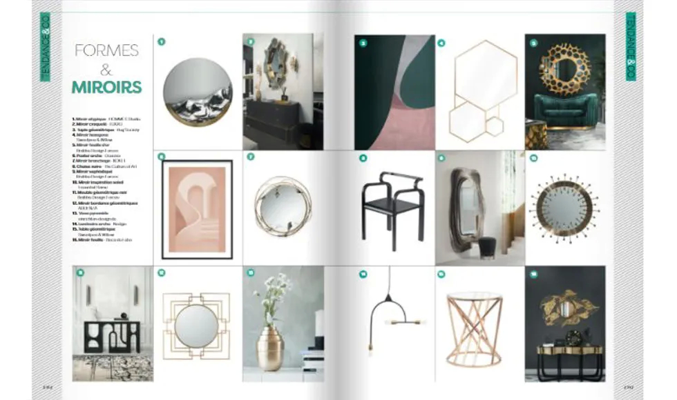 Style & CO Amiens magazine spread showcasing various mirrors, including Koket's Stella Mirror, and decor items.