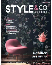 Style & CO Amiens magazine cover features a pink chair against floral wallpaper with a vase and feathers.