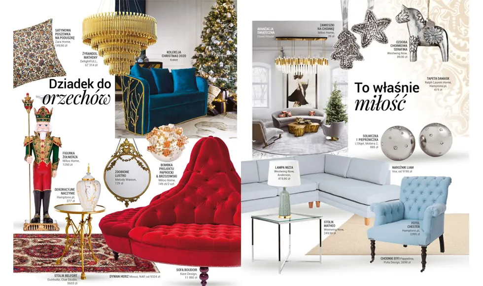 Magazine spread from "Czas na Wnetrze" featuring holiday decor, furniture (blue sofa, red chaise, grey sectional), and nutcracker.