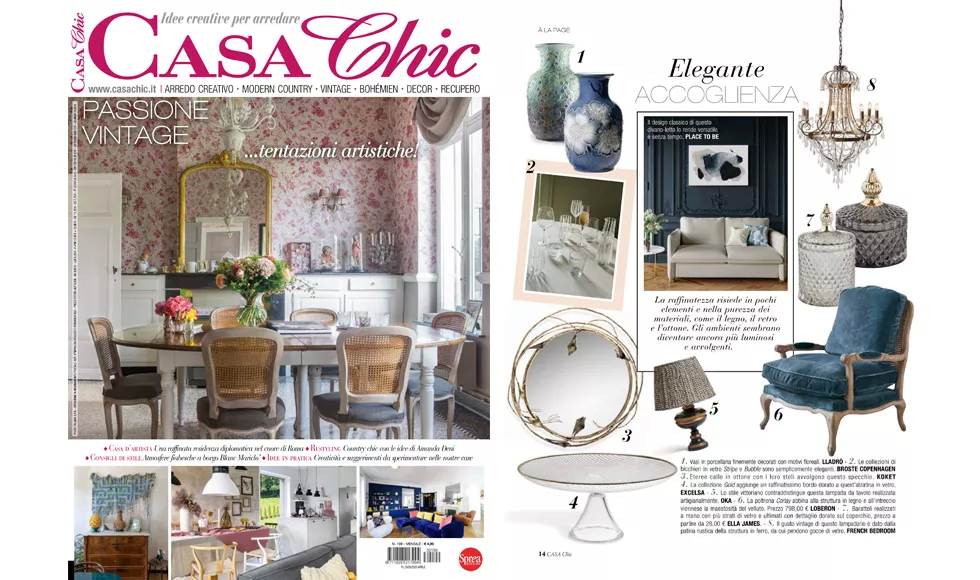 Casa Chic magazine featuring the Stella Crystalized Mirror, a round mirror with a decorative, crystal-like frame.