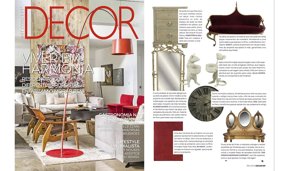 Décor press clipping featuring a living room on the cover, alongside antique-inspired furniture, including Koket's Mistress Confidante.