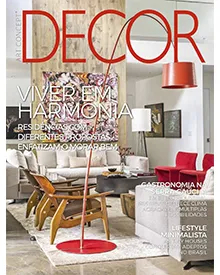 Décor magazine cover showing a modern living room with red accents, "Viver em Harmonia" (Living in Harmony) as main text.
