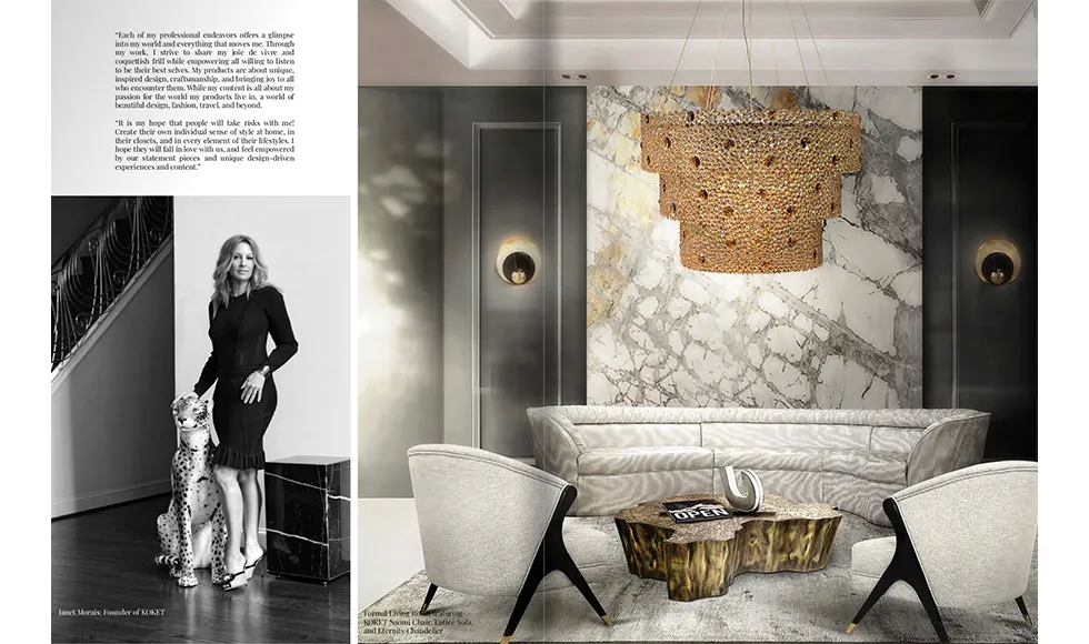 Elevated press clipping: Founder of Koket, Janet Morais, with a cheetah alongside a luxurious living room with Koket's Naomi Chairs.