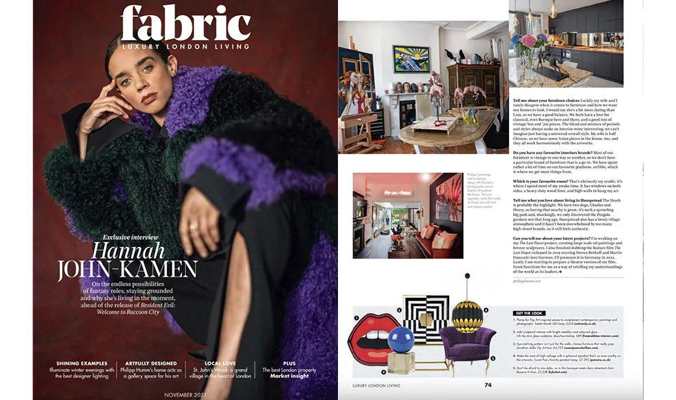 Fabric press clipping with Hannah John-Kamen on the cover, an interior design feature, and Koket's Besame Chair highlighted.