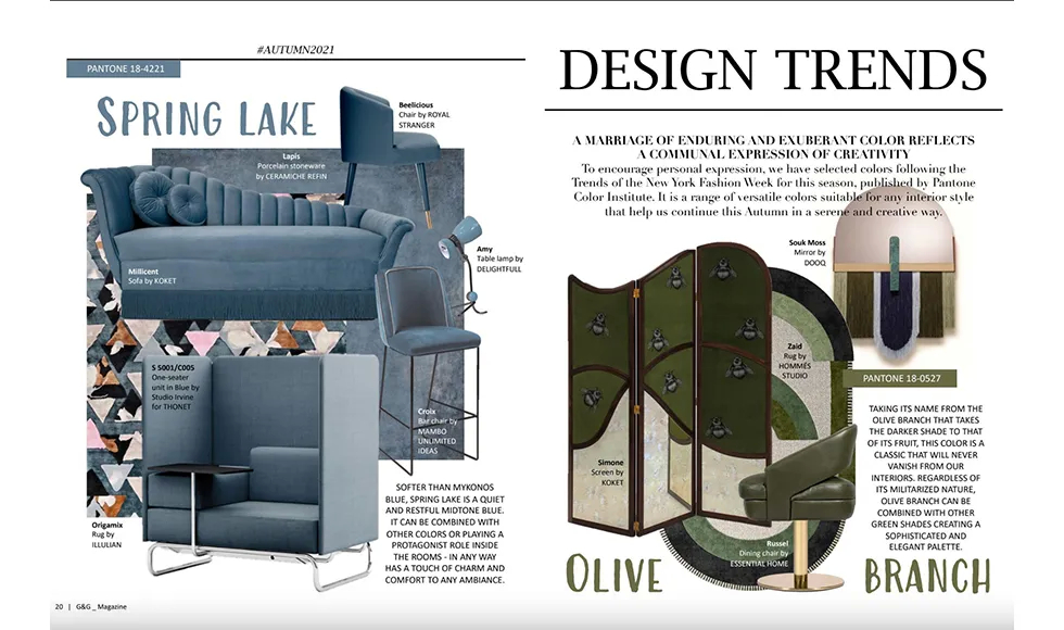 G&G press clipping showcasing autumn 2021 design trends, featuring Spring Lake and Olive Branch color palettes with multiple Koket furniture pieces.