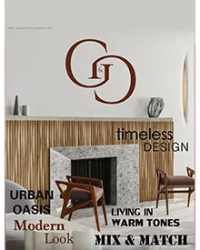 G&G magazine cover: a living room with a fireplace, modern chairs, and text highlighting timeless design and urban oasis.
